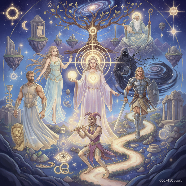 Символическое изображение юнгианских архетипов коллективного бессознательного в мистическом ландшафте с универсальными образами и символами.