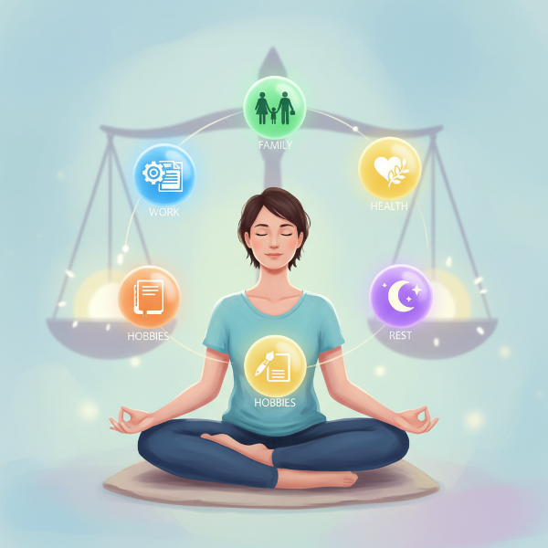 Человек в медитации, окруженный символами разных жизненных сфер, с весами гармонии на фоне.