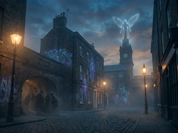 Таинственный городской пейзаж в сумерках с мистическими элементами: светящиеся фонари, появляющиеся сами собой граффити, призрачные силуэты в тоннелях и загадочный хранитель.