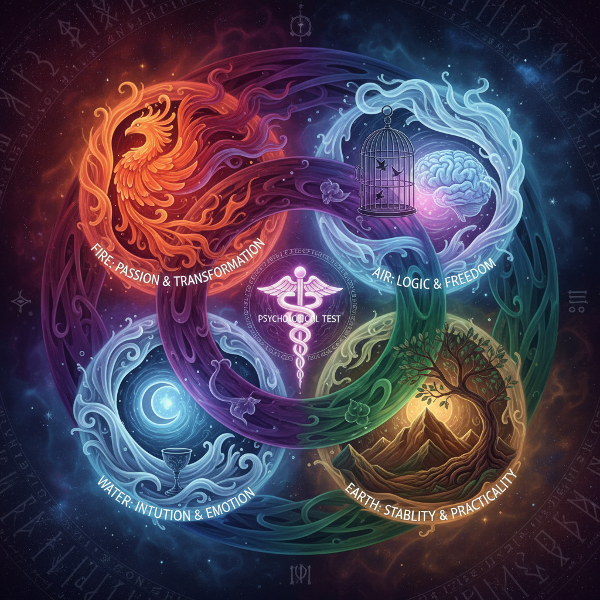 Мистическая иллюстрация четырех стихий, символизирующих разные аспекты психики: Огонь, Вода, Земля и Воздух в гармоничном взаимодействии.
