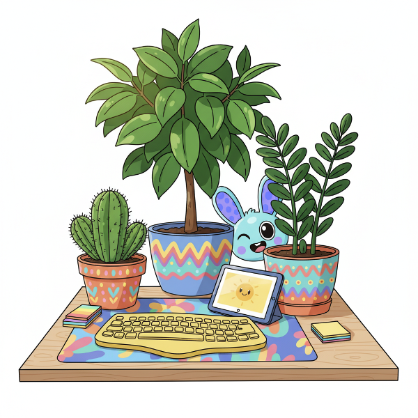 Яркая иллюстрация офисного стола с разными комнатными растениями и дружелюбным персонажем.