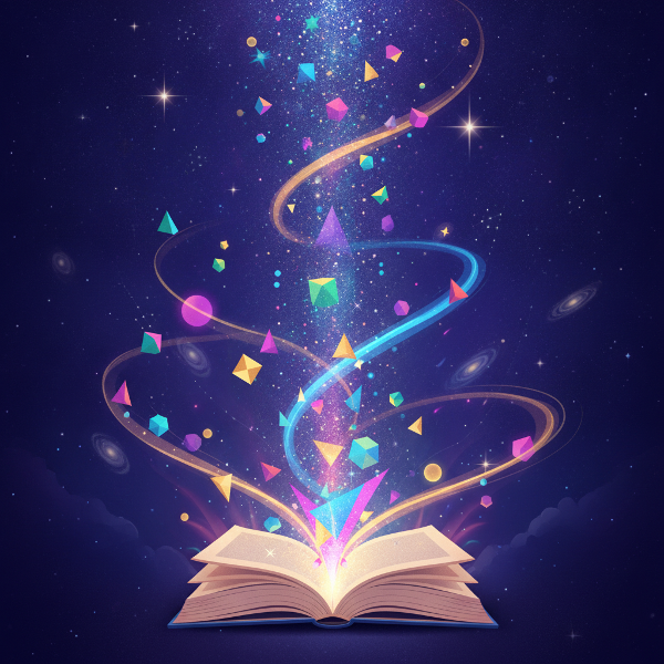 Раскрытая книга с яркими фигурами и звездным небом, символизирующая любопытство и саморазвитие.