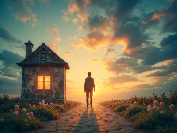 Символическое изображение человека на перепутье между семейным теплом и личной независимостью, с размытыми и чёткими границами.