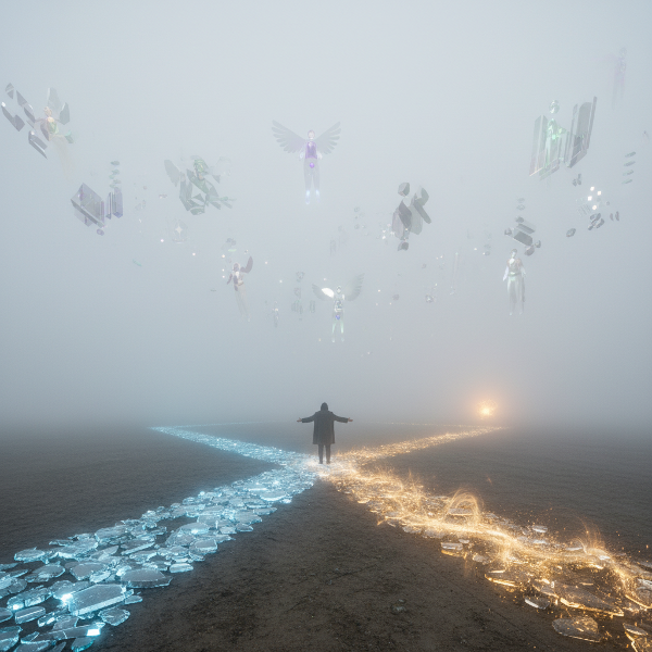 Человек на распутье в туманном пейзаже, где размытый горизонт и светящиеся тропы символизируют неопределенность и выбор между ясным и неизведанным путями.