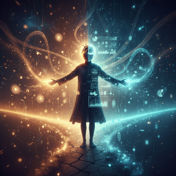 Человек на распутье, символизирующем выбор между интуитивным и аналитическим стилем принятия решений, с визуализацией мыслительных процессов.