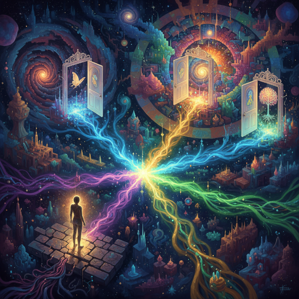 Человек на перепутье, выбирающий между тёмной узкой тропой и яркими расширяющимися путями, ведущими в светлое будущее.