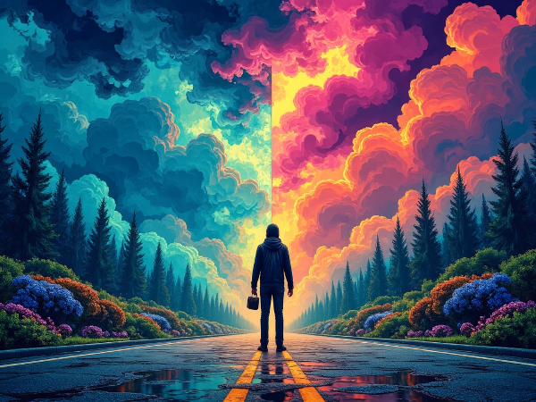 Человек на перепутье нескольких путей, символизирующих разные стратегии адаптации к переменам: спокойный, бурный и просветляющий.