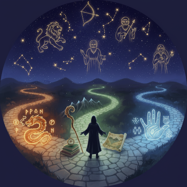 Мистическое изображение человека на перекрестке символических путей, олицетворяющих разные жизненные сценарии и архетипы, под звездным небом.