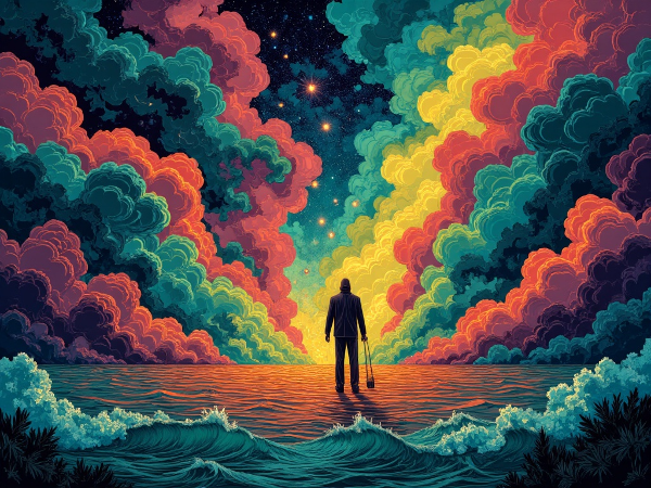 Человек на перекрестке размытых путей в тумане, символизирующих разные подходы к принятию решений в условиях неопределенности.