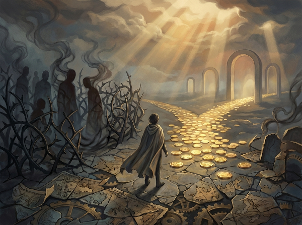 Абстрактная иллюстрация, изображающая человека на перекрестке монет и психологических барьеров, где тени страхов противостоят золотым путям финансовых возможностей.