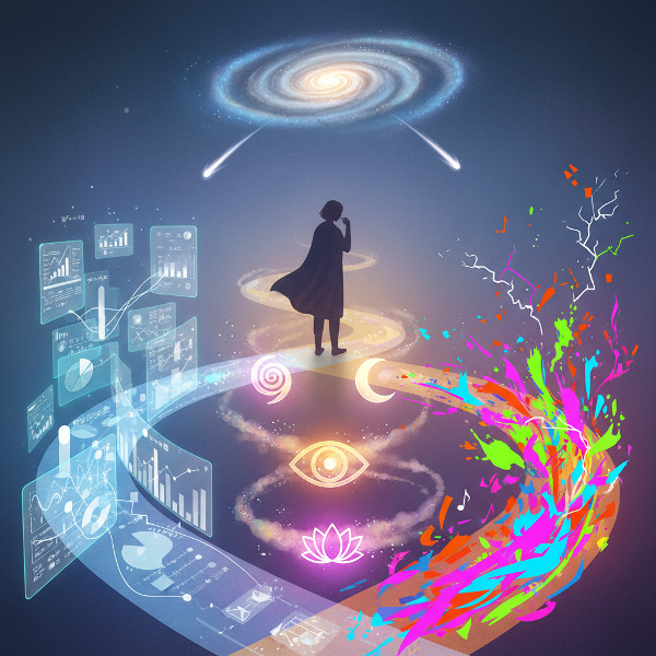 Человек на перекрестке трех путей, символизирующих разные стили принятия решений: аналитический, интуитивный и импульсивный.