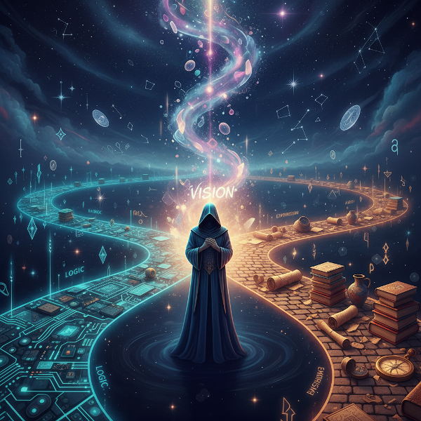 Человек на перекрестке трех светящихся путей, символизирующих логику, эмпирический опыт и внезапное озарение.