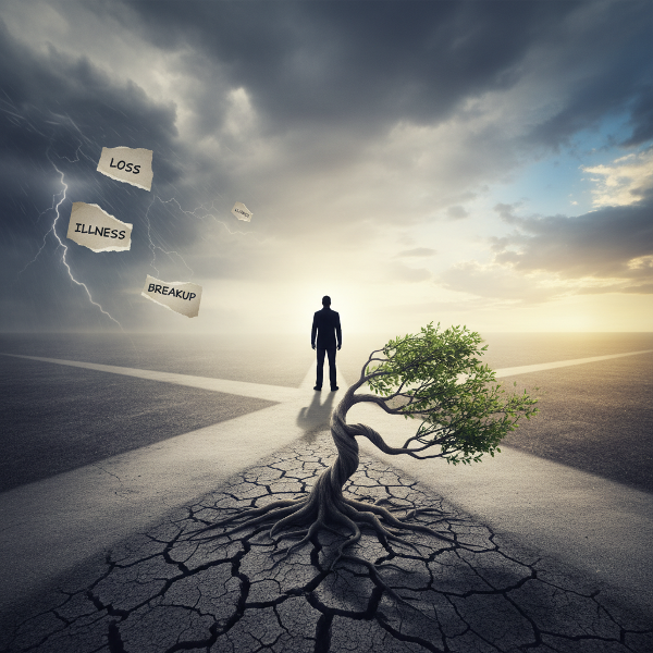 Символическое изображение человека на перепутье, где трудности ведут к росту и свету.