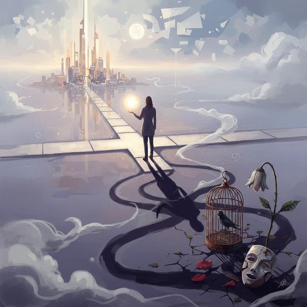 Человек на перепутье держит светящийся шар выбора. От яркого пути падает тень, образующая второй, тёмный путь с символами упущенных возможностей: клетка, увядший цветок, маска.