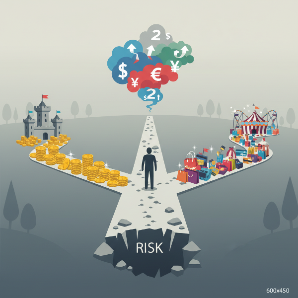 Концептуальное изображение человека на перепутье трех финансовых сценариев: накопления, потребления и избегания рисков.