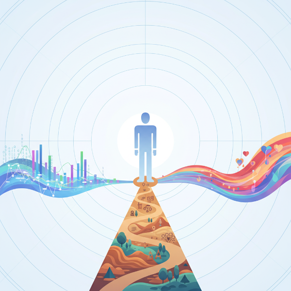 Стилизованное изображение человека на перепутье трех дорог, символизирующих разные стили принятия решений: логику, контекст и эмоции.