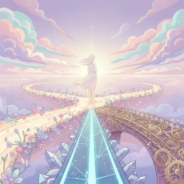 Человек на перепутье трёх путей, символизирующих внутреннюю энергию, концентрацию и внешние системы. Сюрреалистичная, символическая иллюстрация.