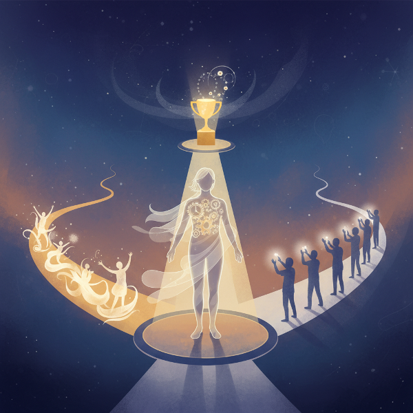 Символическая иллюстрация человека на перепутье трех путей, олицетворяющих внутреннее удовольствие, измеримый результат и внешнее одобрение, с механизмами, символизирующими глубинные процессы мотивации.