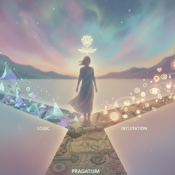 Символическое изображение человека на перепутье трех путей, олицетворяющих логический, интуитивный и прагматичный способы восприятия информации.