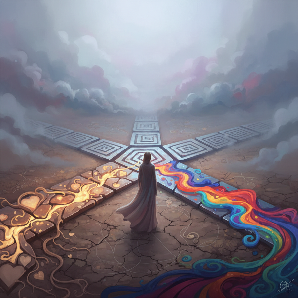 Символичное изображение человека на перепутье трёх путей, олицетворяющих внутренние ценности, логику и эмоции, в условиях тумана и неопределённости.