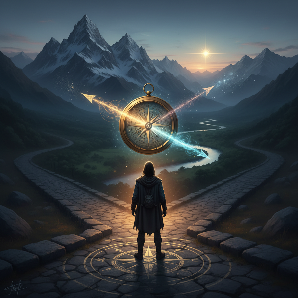 Человек на перепутье созерцает парящий светящийся компас с тремя осями, указывающими на символические ландшафты, олицетворяющие разные ценности.