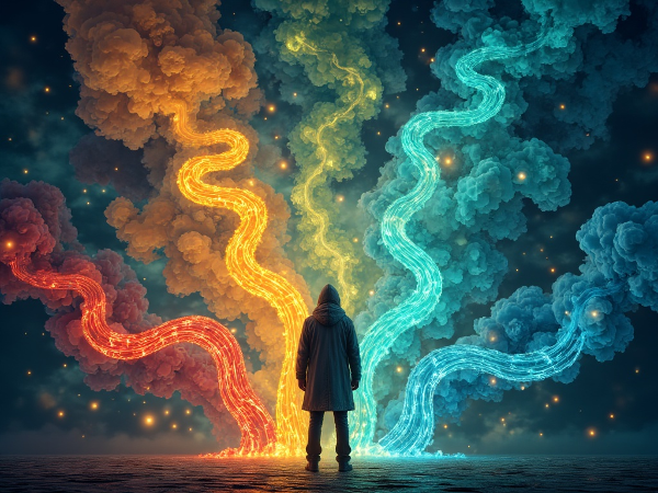 Человек на перекрестке светящихся путей, символизирующих разные паттерны мышления: интуицию, логику, эмоции и ценности.