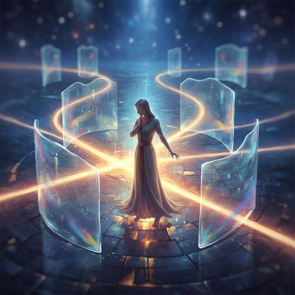 Человек на перекрестке светящихся социальных путей, символизирующих выбор дистанции и взаимодействия с другими.