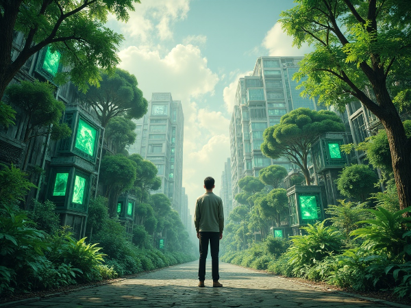 Человек на перепутье между природой, технологиями и философским созерцанием, символизирующий типы экологического сознания.