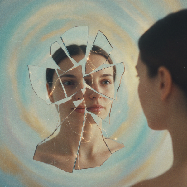 Человек смотрит в зеркало, где отражение разделено на части, показывающие разные грани личности — сильные и уязвимые, которые постепенно соединяются в гармоничный образ.