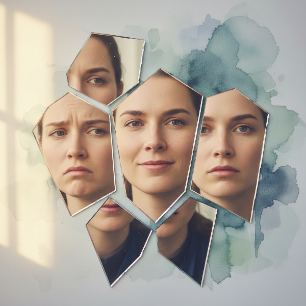 Человек смотрит в зеркало, которое отражает разные его грани, символизируя исследование самооценки и внутреннего диалога.