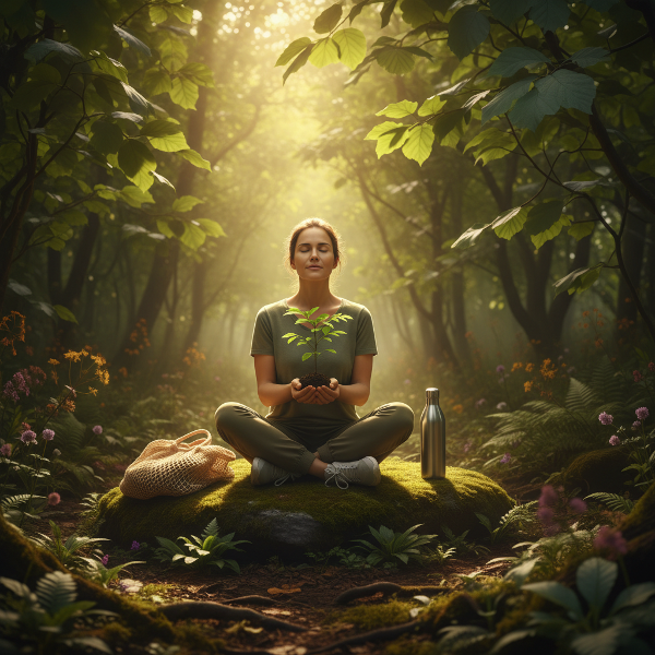 Человек в гармонии с природой, окружённый символами экологичного образа жизни.