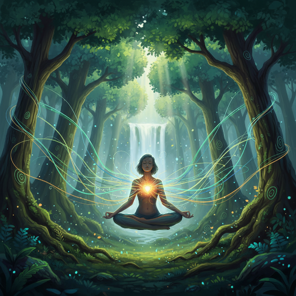 Человек в гармонии с природой: медитация в лесу с энергетическими связями между сердцем и деревьями, символизирующая единство внутреннего мира и окружающей среды.