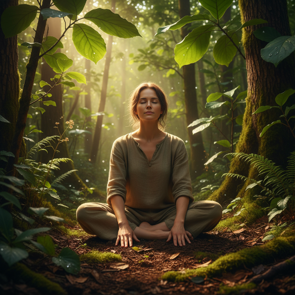 Человек в гармонии с природой, медитирующий в лесу, символизирующий связь с окружающей средой и экологическое осознание.