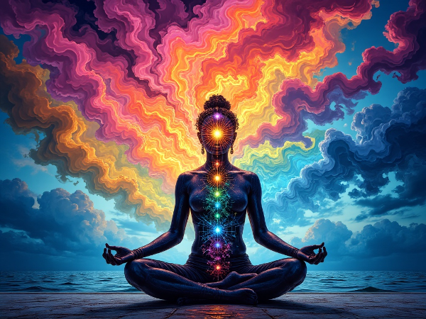 Изображение человека в медитативной позе, окруженного цветной аурой, символизирующей различные эмоции, с гармоничным визуальным потоком.