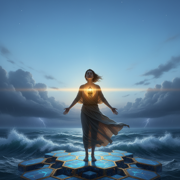 Человек стоит на светящемся фундаменте, в его груди горит маяк. На фоне бушующее море и спокойное небо, символизирующие жизненные испытания и внутреннюю устойчивость.