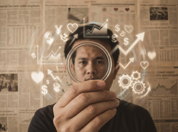 Человек смотрит на своё отражение в монете, на фоне абстрактных финансовых графиков и эмоциональных символов.