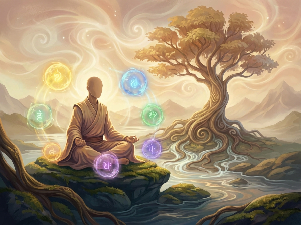 Абстрактная иллюстрация гармонии и внутреннего баланса: человек медитирует в природном ландшафте, окруженный энергетическими сферами, символизирующими разные аспекты жизни.
