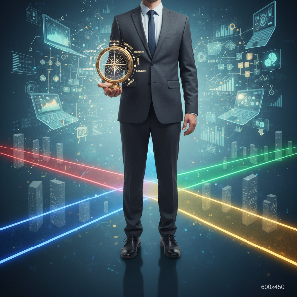 Человек на перекрестке карьерных путей с компасом личности на фоне абстрактных графиков и офисных элементов.