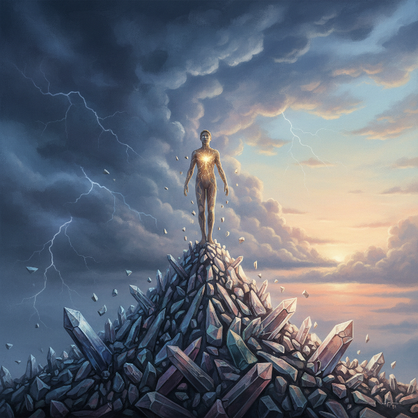 Человек, стоящий на вершине горы из разбитых кристаллов, символизирующий внутреннюю силу и восстановление после трудностей, с внутренним светом, пробивающимся сквозь трещины.