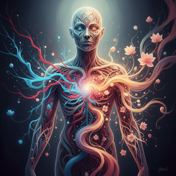 Сюрреалистическое изображение человеческого силуэта, сотканного из переплетающихся нейронных сетей и органических систем, где эмоции проявляются как цветовые энергетические потоки, влияющие на физическую форму, символизируя психофизическое единство.