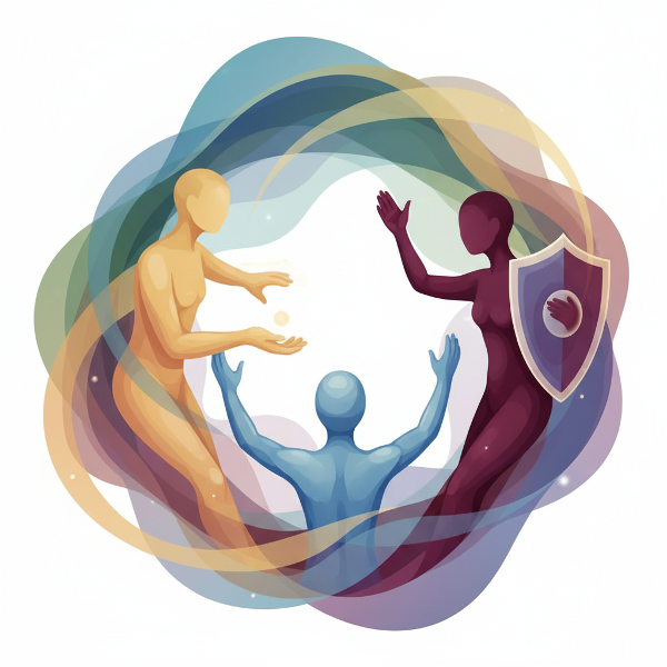 Абстрактная иллюстрация трёх стилей взаимодействия в отношениях: поддержка, автономия и самозащита.