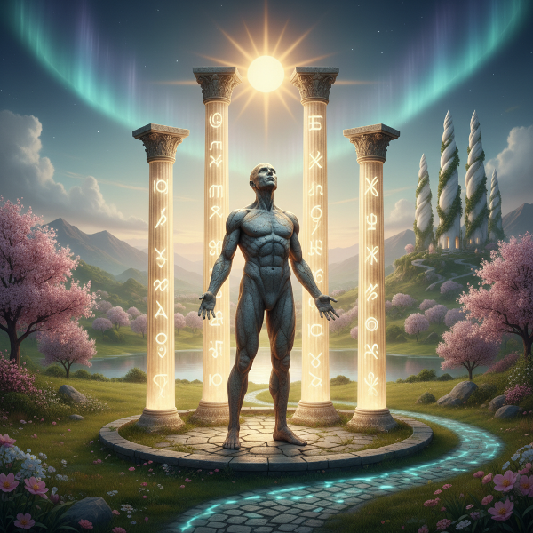 Символическое изображение устойчивой человеческой фигуры, поддерживаемой светящимися колоннами внутренних ресурсов, на фоне пути к росту и стабильности.