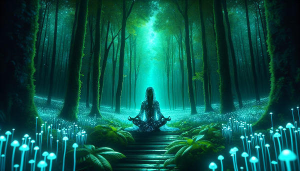 Мистический лес с сияющими растениями и медитирующим человеком, символизирующий глубокую духовную связь с природой.