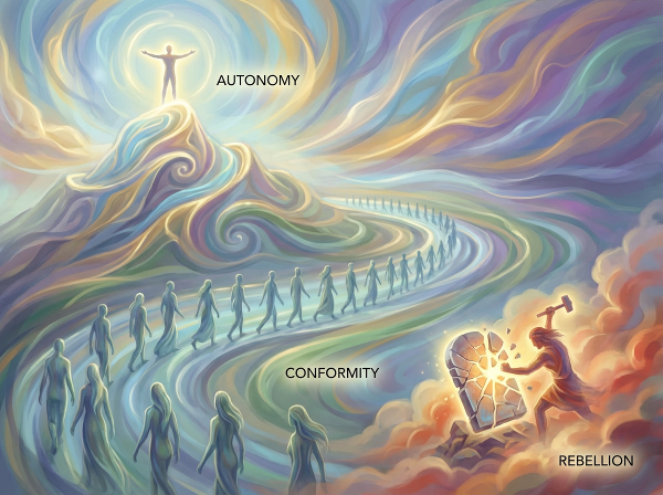 Абстрактная иллюстрация, символизирующая три социальные силы: автономию, конформизм и бунтарство, в виде стилизованных человеческих фигур в концептуальном художественном стиле.