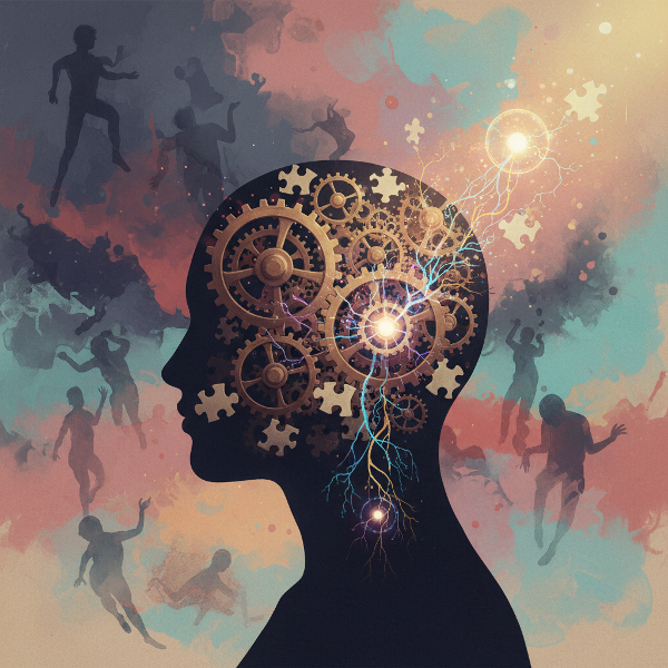 Сюрреалистичное изображение силуэта человека, внутри которого видны шестерёнки, пазлы и светящиеся нейронные пути, символизирующие скрытые поведенческие паттерны.
