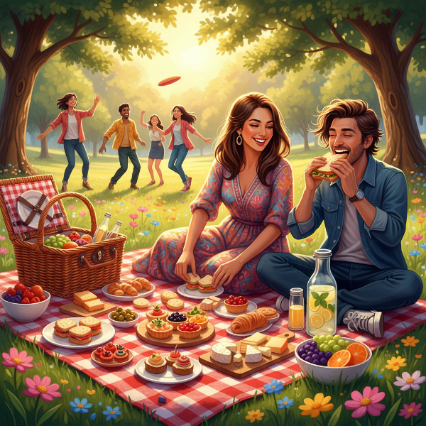 Разнообразная сцена пикника в солнечном парке, показывающая разные стили отдыха: от утонченной сервировки до спонтанного веселья с друзьями.