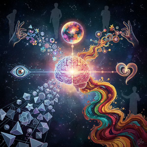 Сюрреалистичная абстрактная иллюстрация, изображающая мозг с тремя путями восприятия: аналитическим, интуитивным и экспериментальным, символизирующими разные подходы к творческому решению проблем.