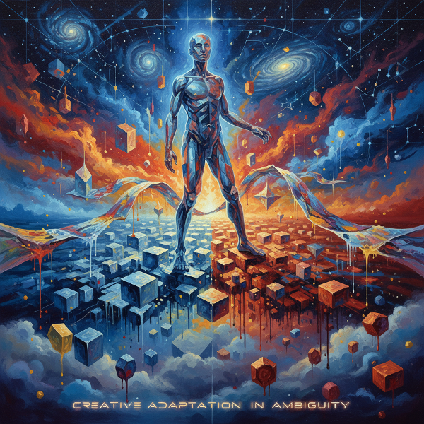 Сюрреалистичная абстрактная композиция, изображающая человека на перепутье между геометрическим порядком и хаотичным вихрем, с мостами, образующимися из неопределённости, символизирующая творческую адаптацию в условиях неясности.