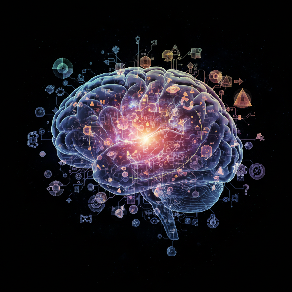 Сюрреалистичное изображение мозга в виде лабиринта из нейронных связей с парящими геометрическими фигурами, символизирующими паттерны восприятия реальности.