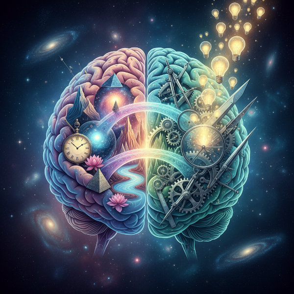 Сюрреалистическое изображение мозга, разделённого на две части: одна сторона гармонизирует противоречия, другая анализирует и трансформирует их в новые идеи.